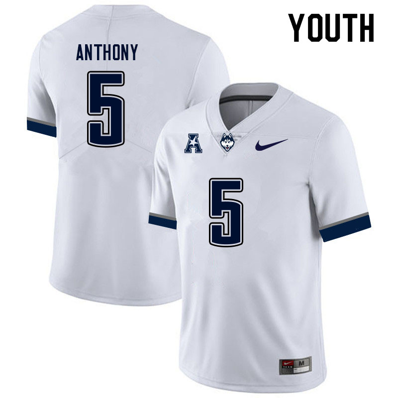Youth #5 Kaleb Anthony Uconn Huskies College Football Jerseys Sale-White - Click Image to Close
